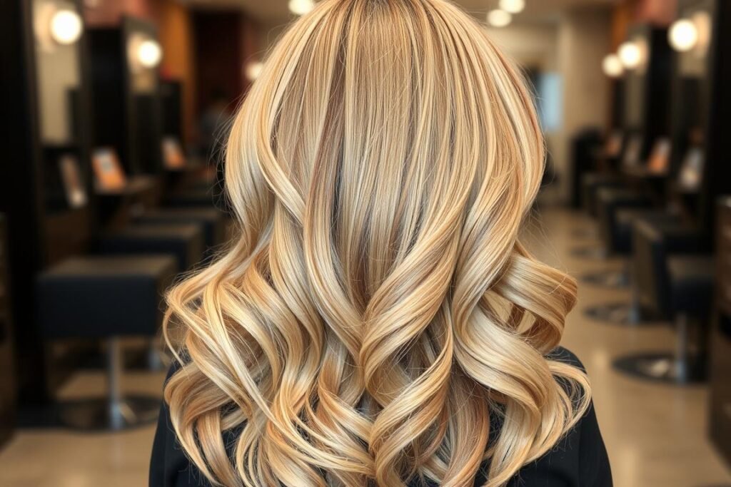 Blonde hair with red lowlights creating depth and dimension