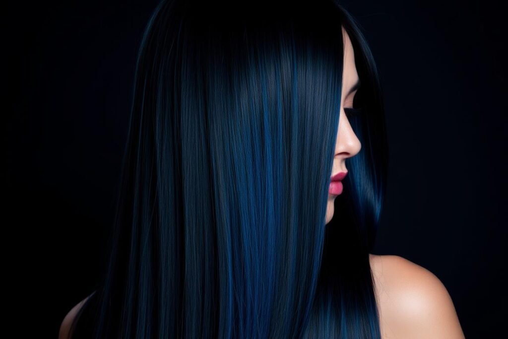 Blue-black hair color on a brunette showing the blue undertones in the light