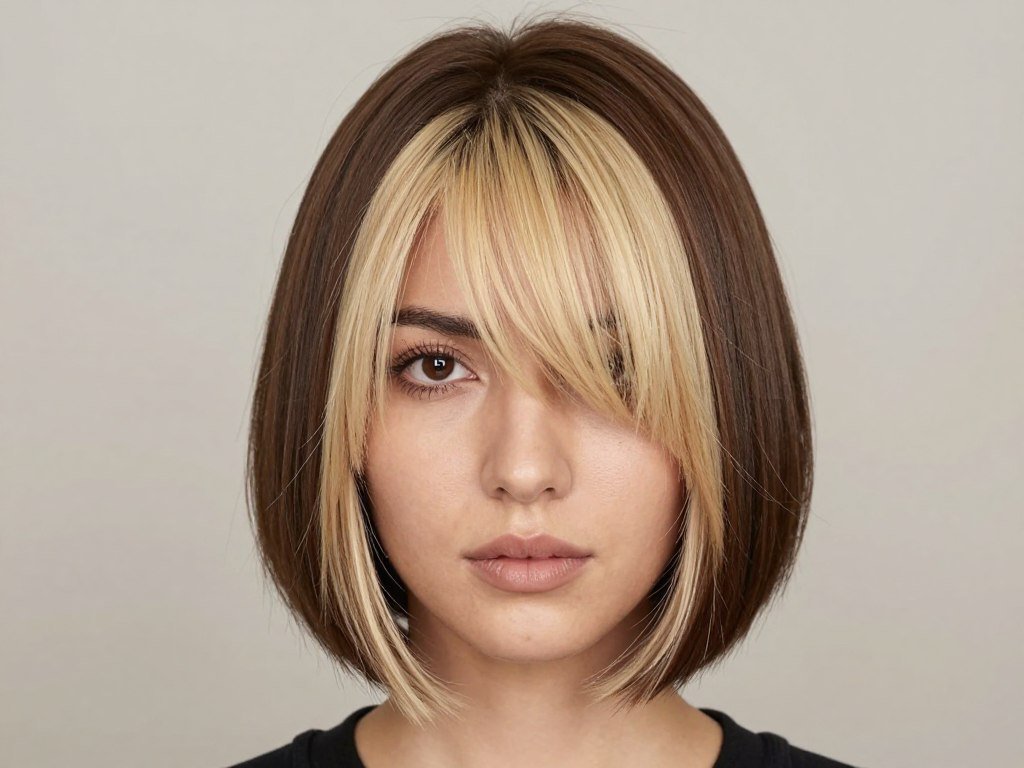 Blunt brown bob with blonde money piece highlights Blunt brown bob with blonde money piece highlights