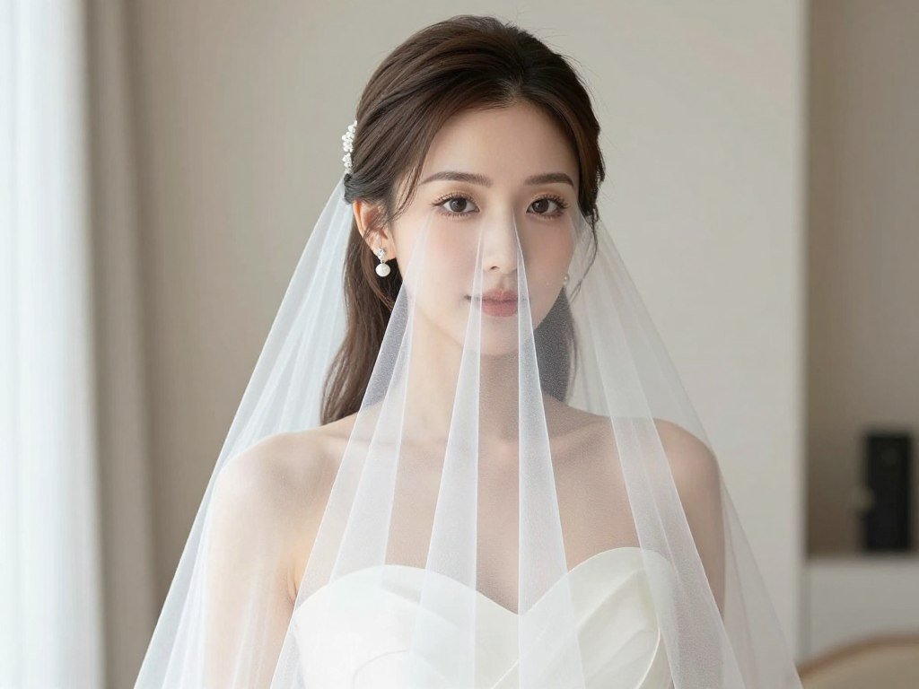 Blusher veil with half up half down wedding hairstyle