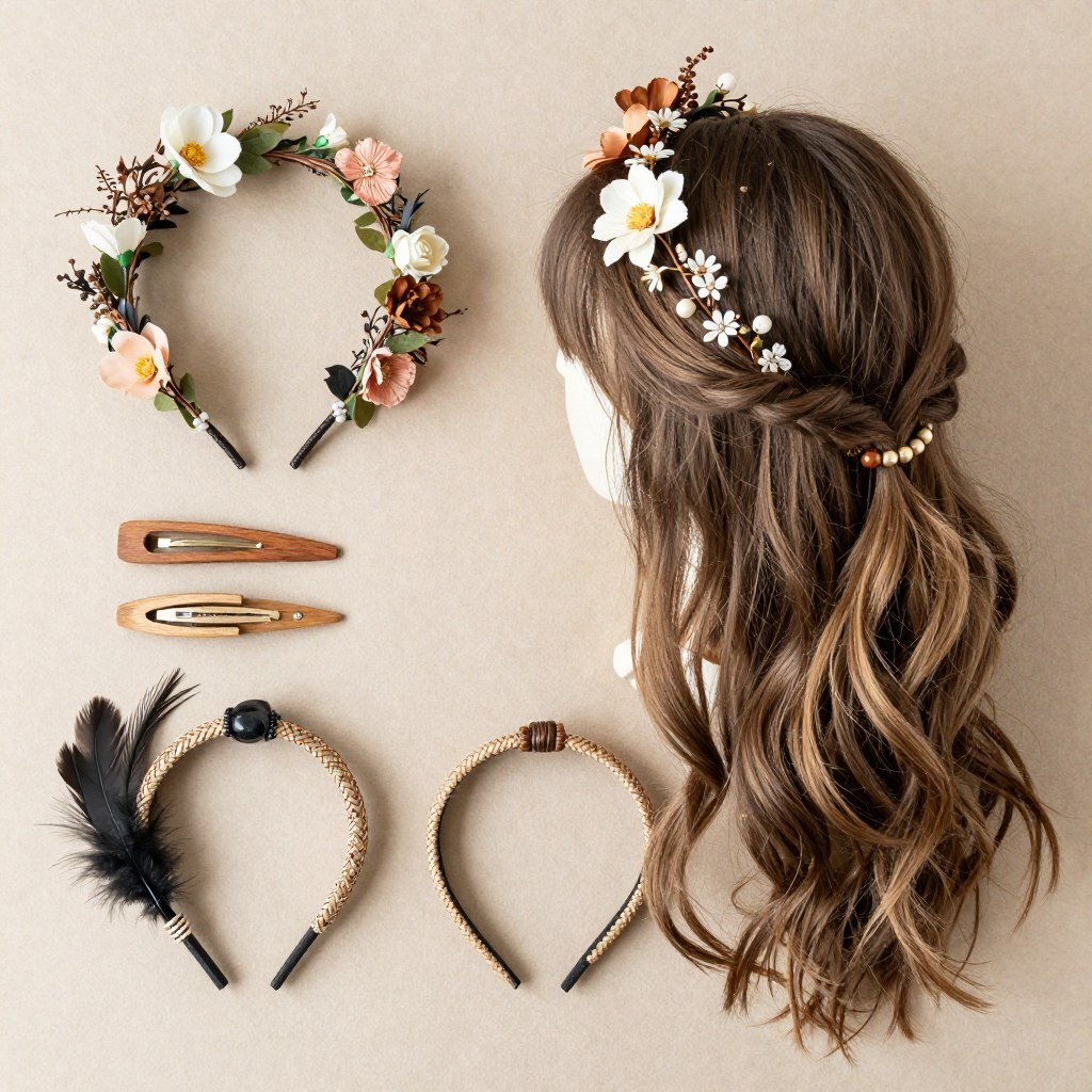 Bohemian hair accessories for half up half down styles including flower crowns and woven details Bohemian hair accessories for half up half down styles including flower crowns and woven details