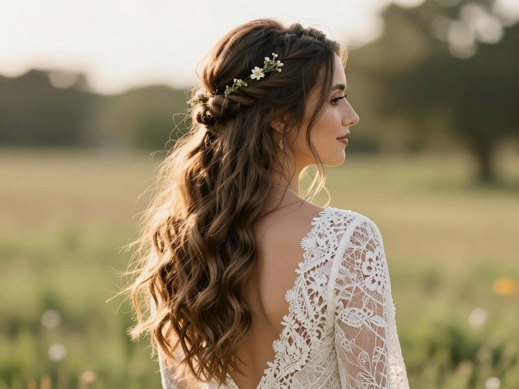Bohemian half up half down wedding hairstyle