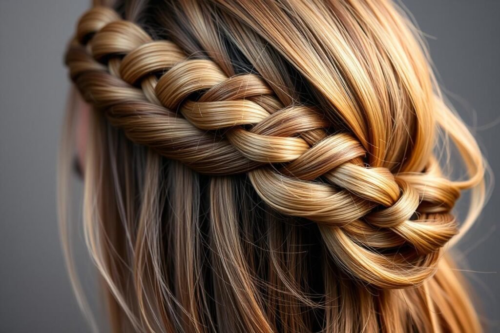 Braided hairstyle showcasing ombre hair color dimension Braided hairstyle showcasing ombre hair color dimension
