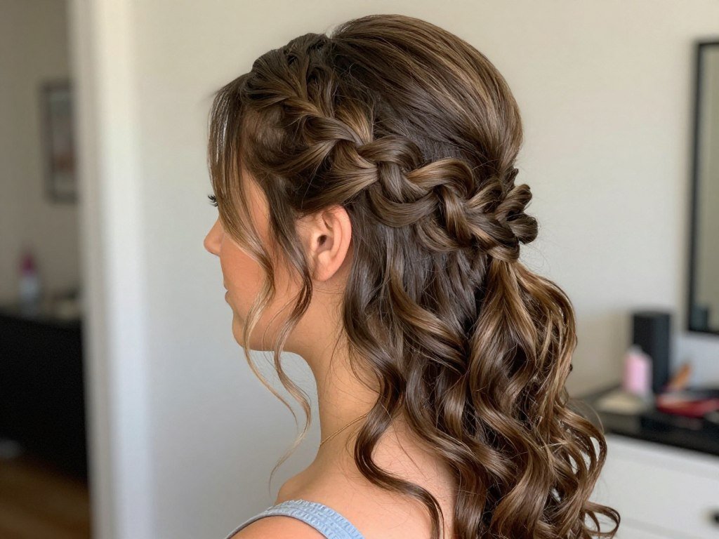 Braided half up half down prom hairstyle with loose waves