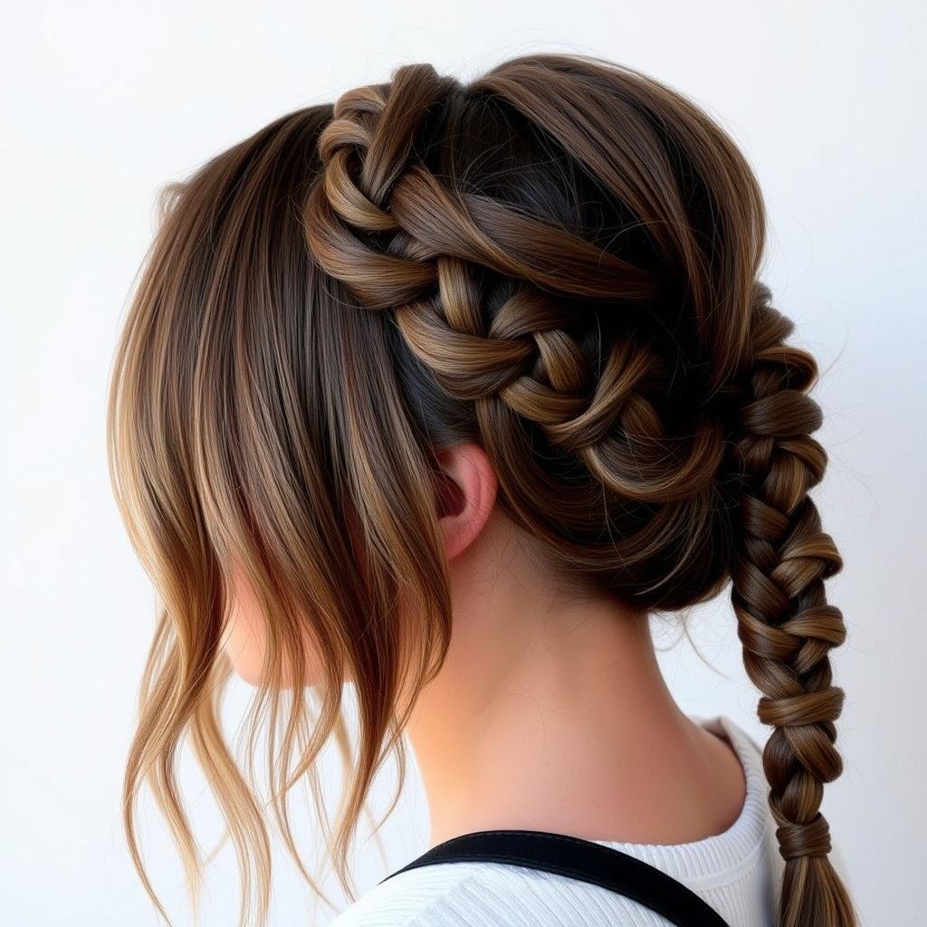 Braided style with mushroom brown balayage showing color dimension