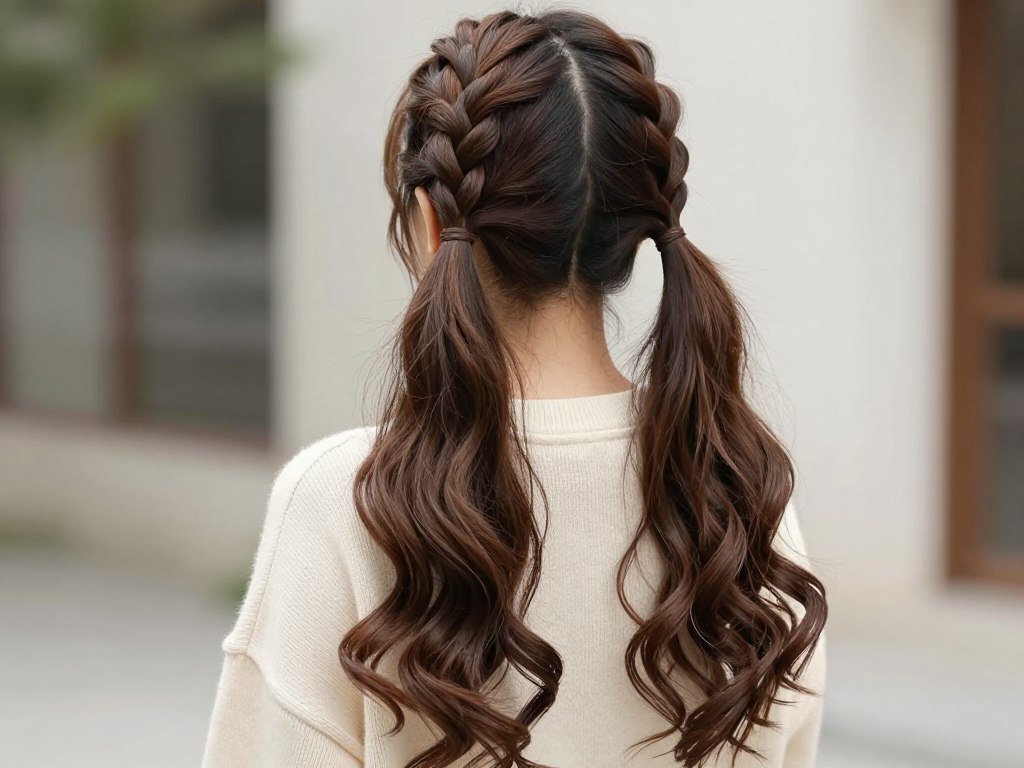 Braided two ponytails half up half down hairstyle Braided two ponytails half up half down hairstyle