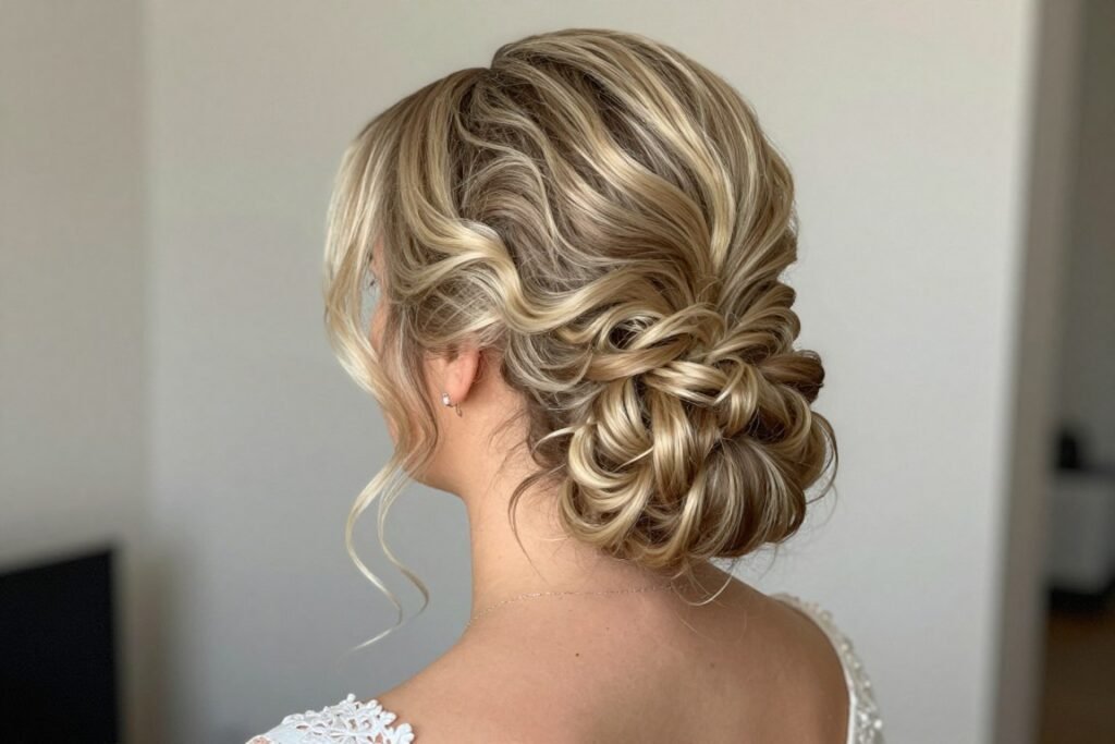 Bridal half up half down hairstyle with cascading curls and volume at crown Bridal half up half down hairstyle with cascading curls and volume at crown