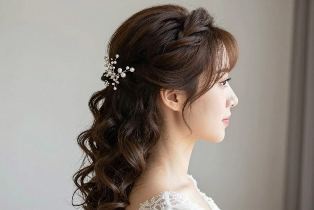 Bridal half up half down hairstyle with side-swept twist and curls Bridal half up half down hairstyle with side-swept twist and curls