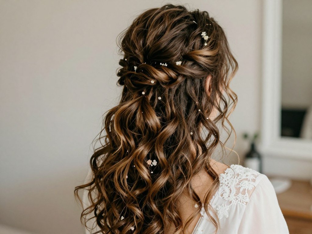 Bridal half up half down hairstyle with textured, tousled waves Bridal half up half down hairstyle with textured, tousled waves