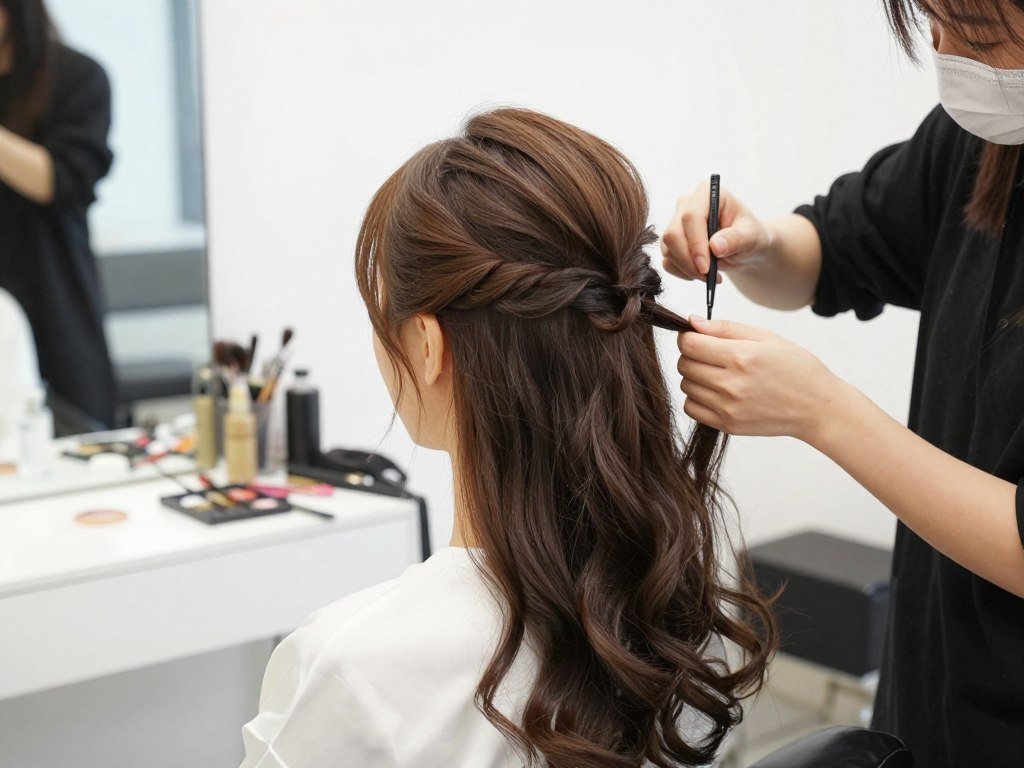 Bride at hair trial for half up half down wedding hairstyle