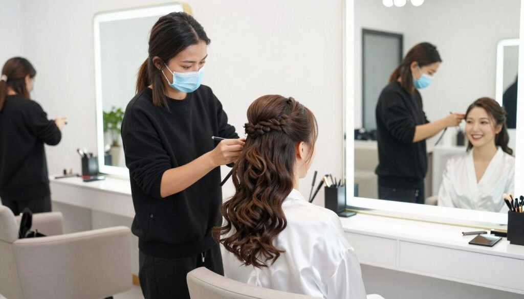 Bride having a hair trial for half up half down wedding hair with stylist