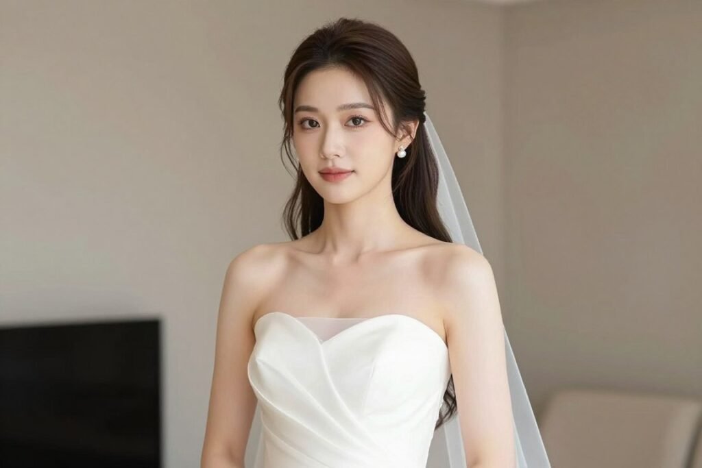 Bride in strapless gown with complementary half up half down wedding hair