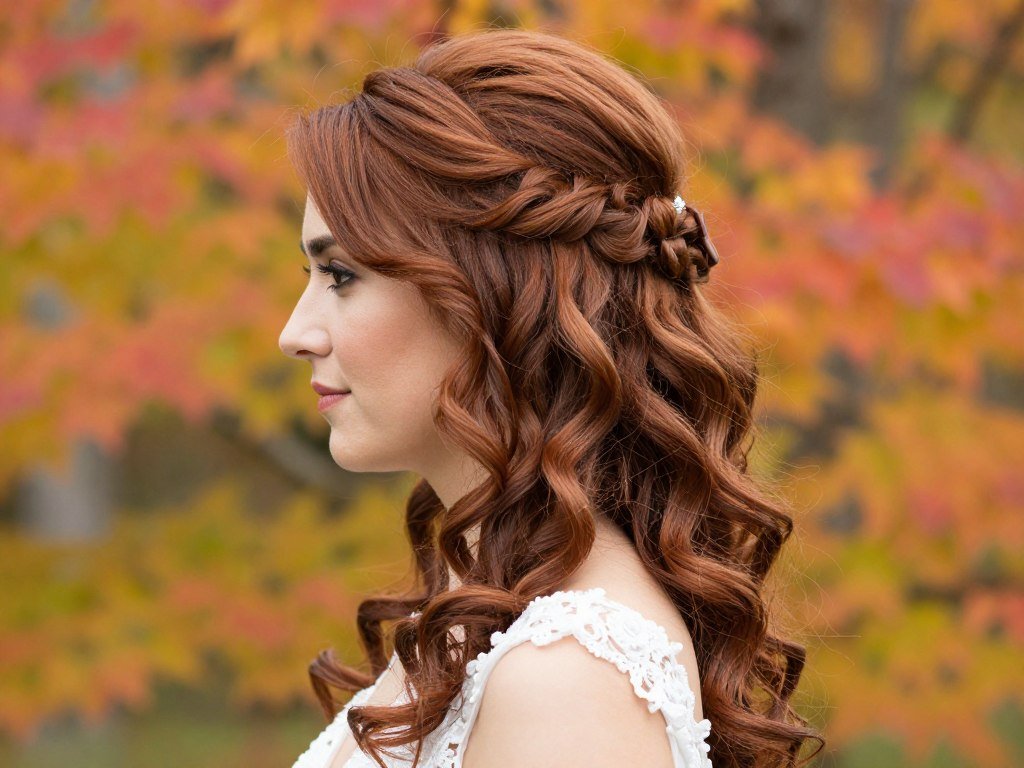 Bride with autumn-inspired half up half down wedding hair
