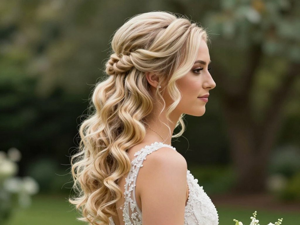 Bride with cascading curls in half up half down wedding hair