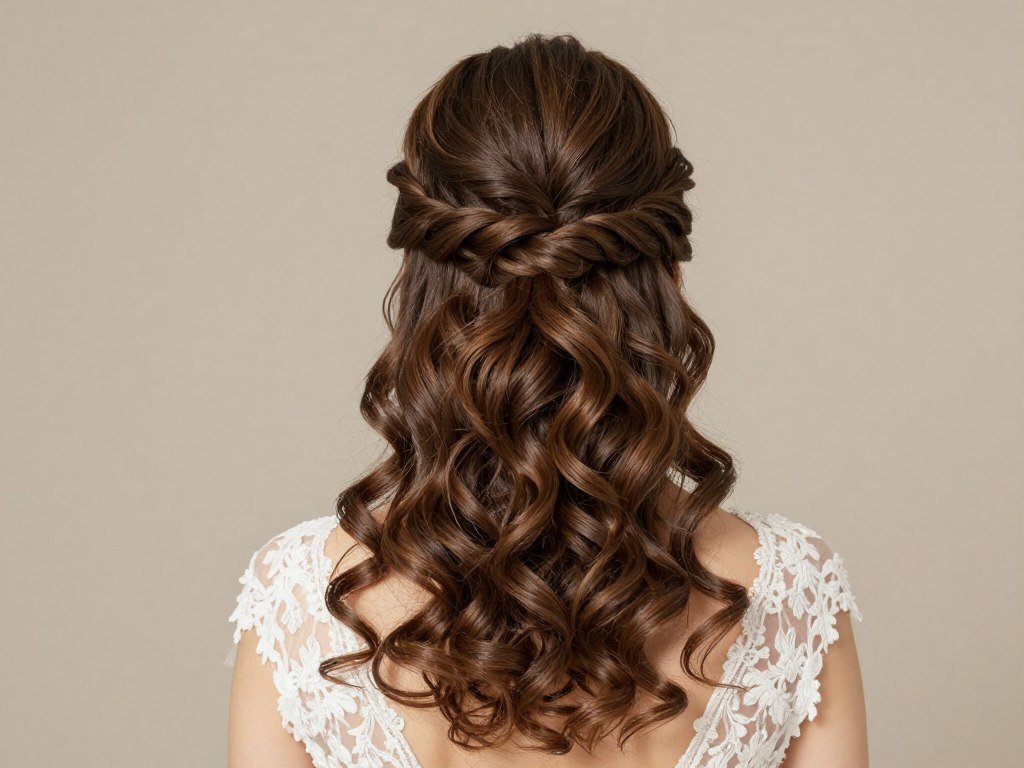 Bride with classic twisted half up half down wedding hair style