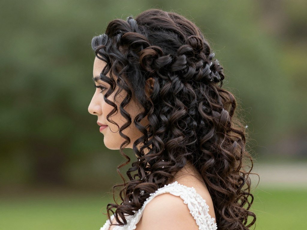 Bride with curly hair styled in natural half up half down wedding hair