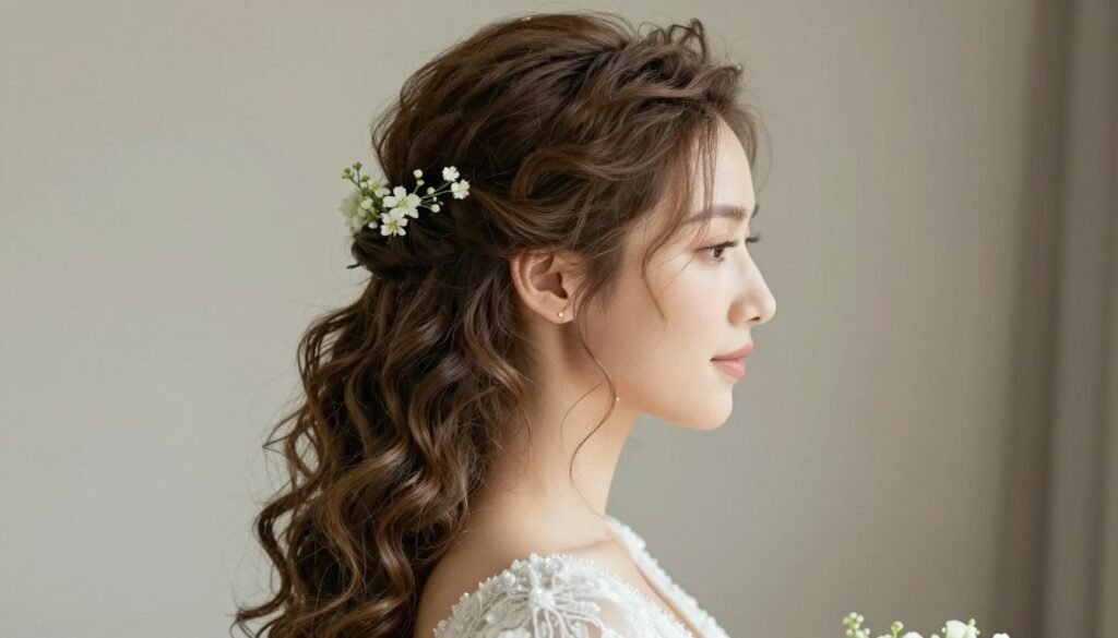 Bride with elegant half up half down wedding hair featuring soft curls and floral accessories