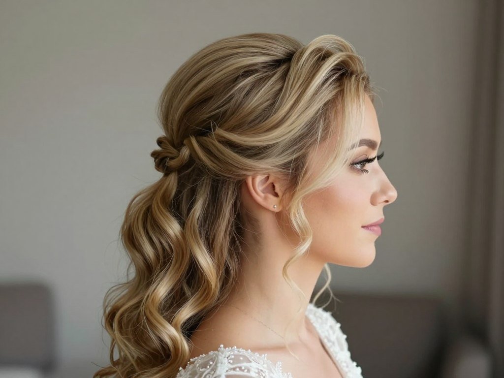 Bride with fine hair styled in voluminous half up half down wedding hair