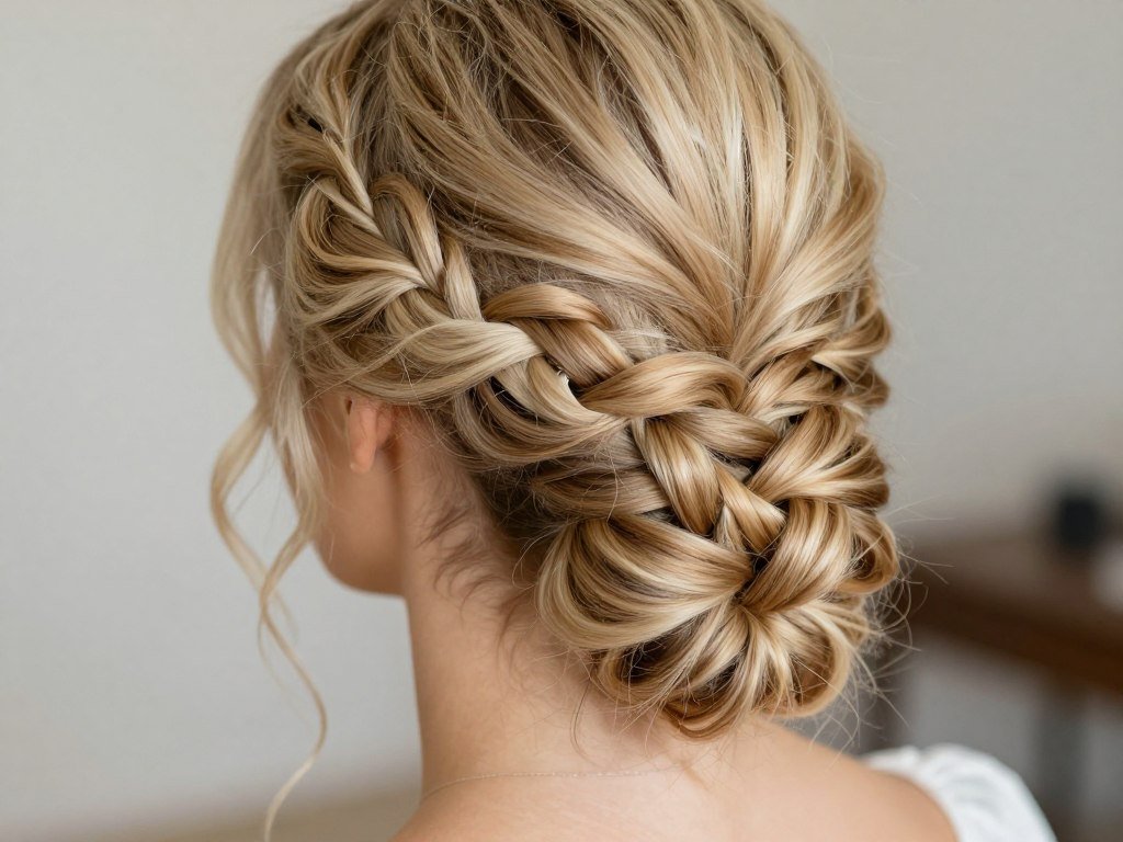 Bride with fishtail accent braid half up half down wedding hair
