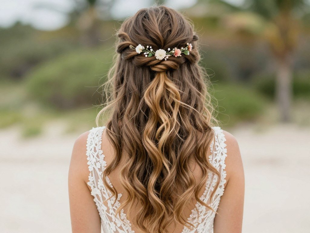 Bride with half up half down beach waves for a more relaxed bridal look Bride with half up half down beach waves for a more relaxed bridal look