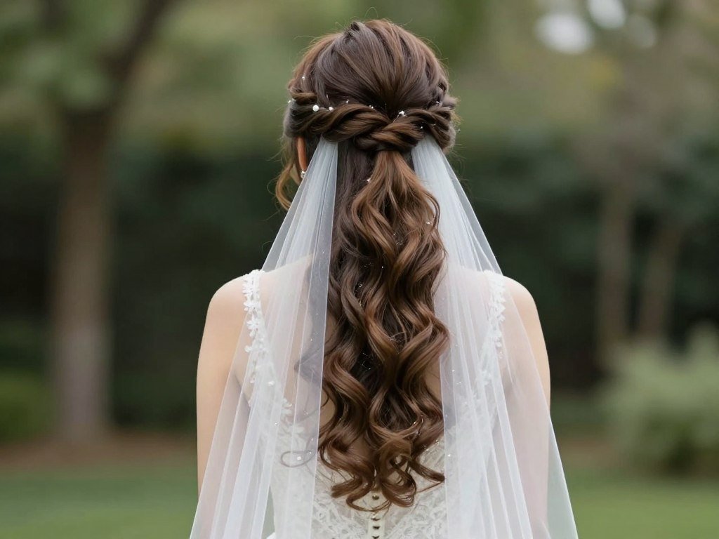 Bride with half up half down hair showing versatility of the style with a veil Bride with half up half down hair showing versatility of the style with a veil