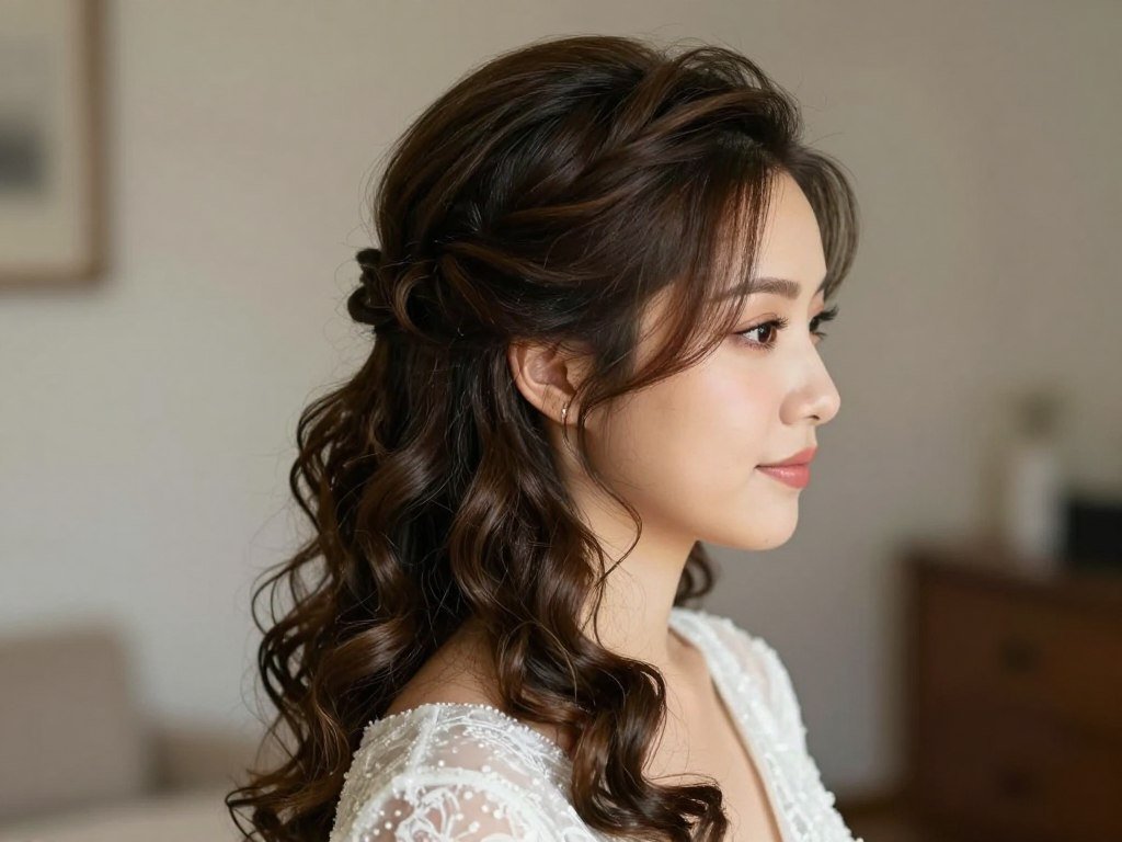 Bride with half up half down hairstyle featuring romantic cascading curls Bride with half up half down hairstyle featuring romantic cascading curls