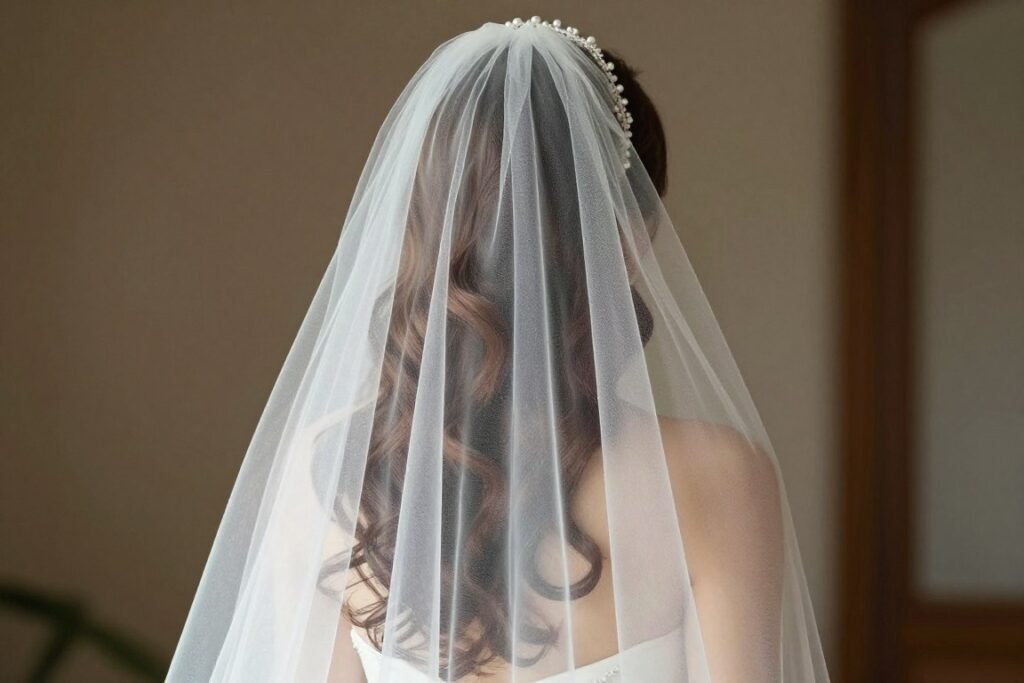Bride with half up half down hairstyle wearing cathedral length veil Bride with half up half down hairstyle wearing cathedral length veil