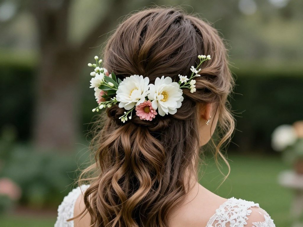 Bride with half up half down wedding hair adorned with fresh flowers