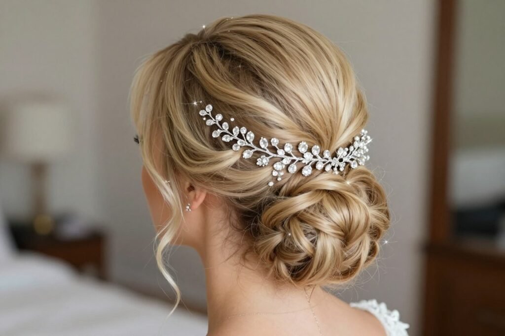 Bride with half up half down wedding hair featuring crystal hair vine accessory