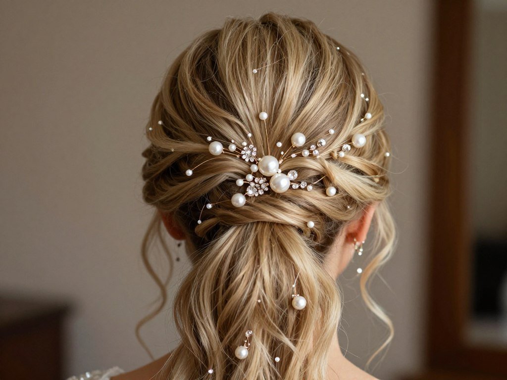 Bride with half up half down wedding hair featuring decorative hairpins