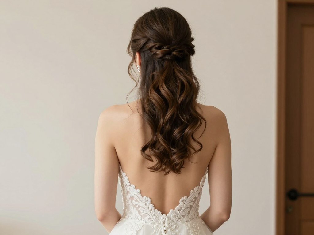 Bride with half up half down wedding hair paired with backless dress