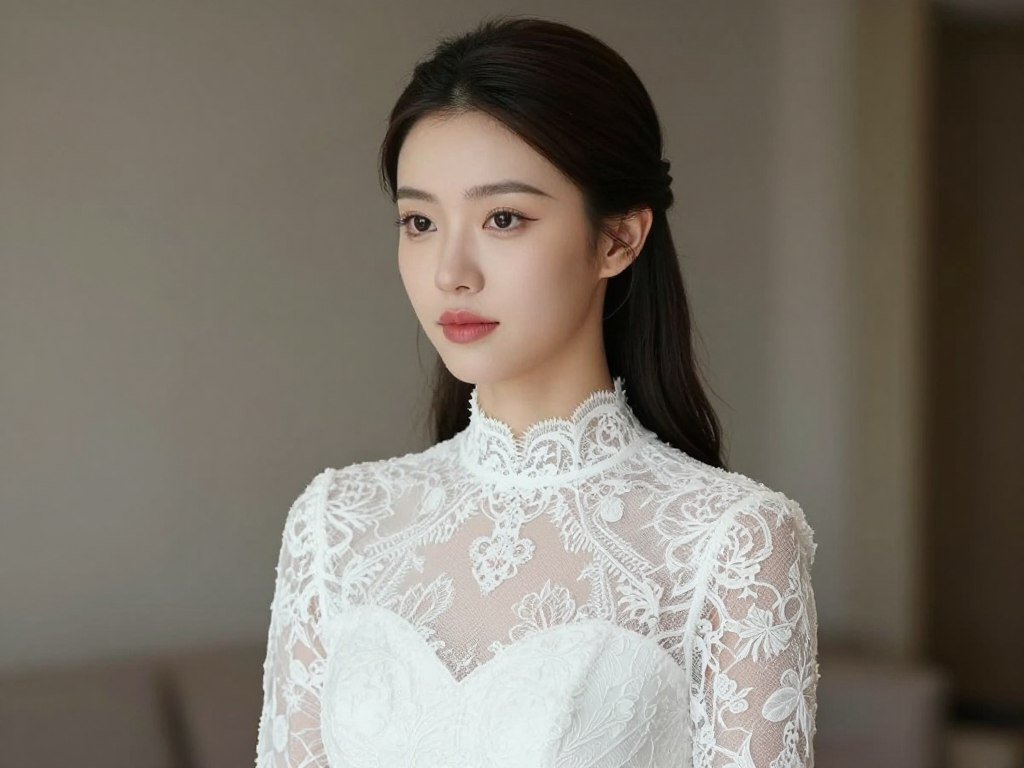 Bride with half up half down wedding hair paired with high-neck dress