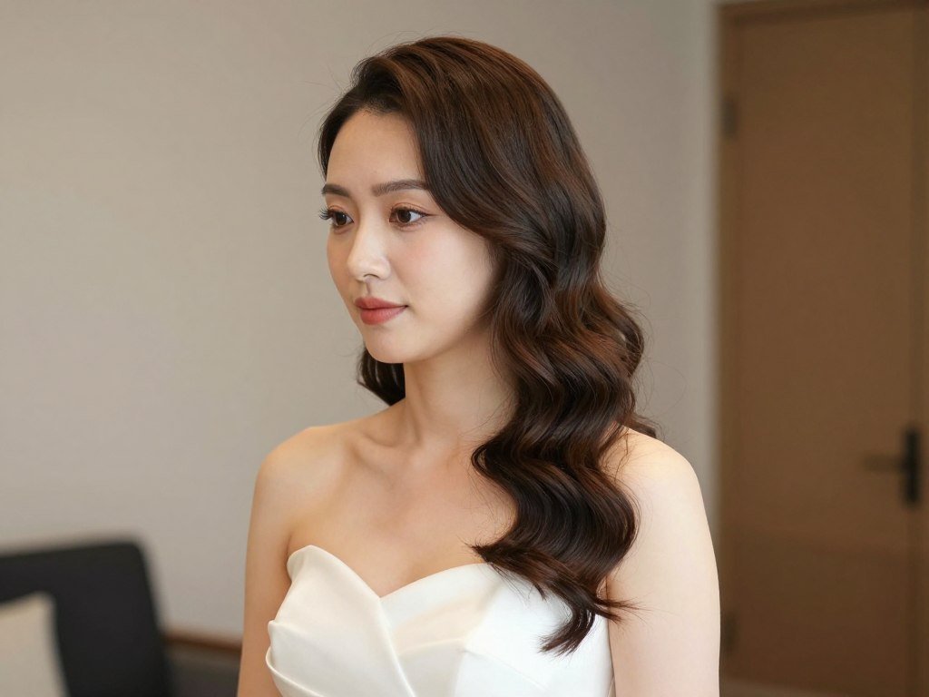 Bride with half up half down wedding hair paired with strapless dress