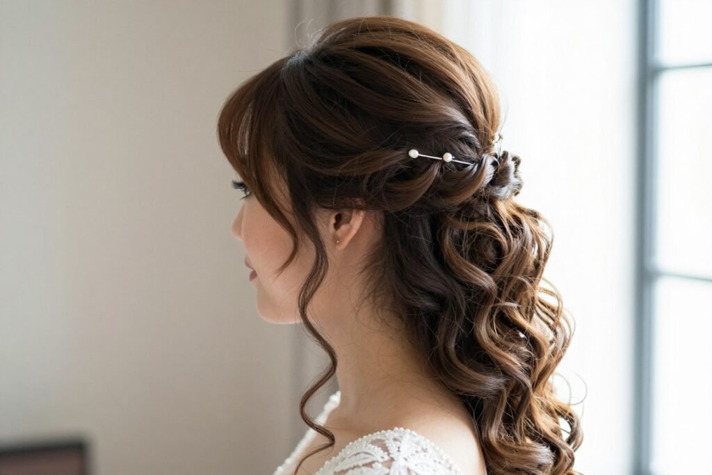 Bride with half up half down wedding hair showing the perfect balance of secured top and flowing bottom sections
