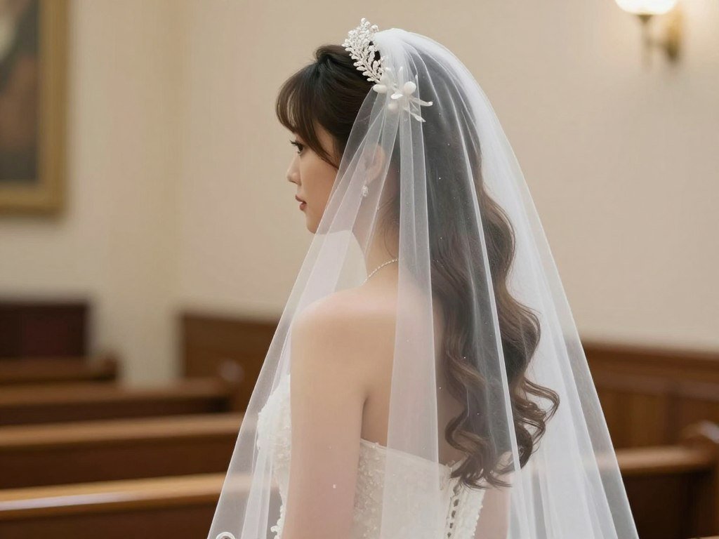 Bride with half up half down wedding hair with cathedral veil placement