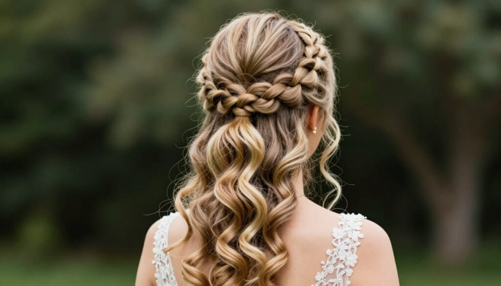 Bride with intricate braided half up half down wedding hair featuring multiple braid types