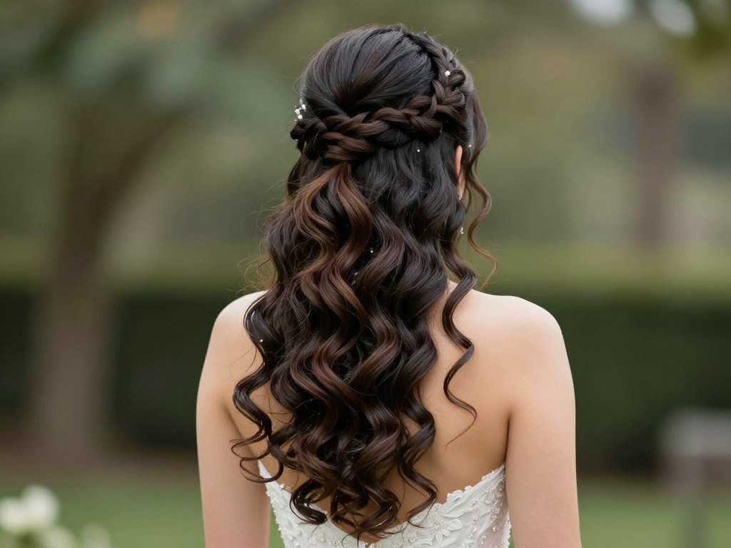 Bride with long hair in elaborate half up half down wedding style