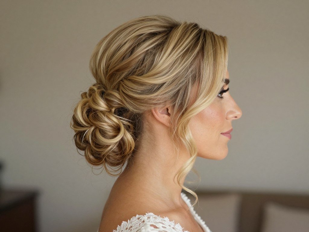 Bride with medium-length hair in classic half up half down wedding style