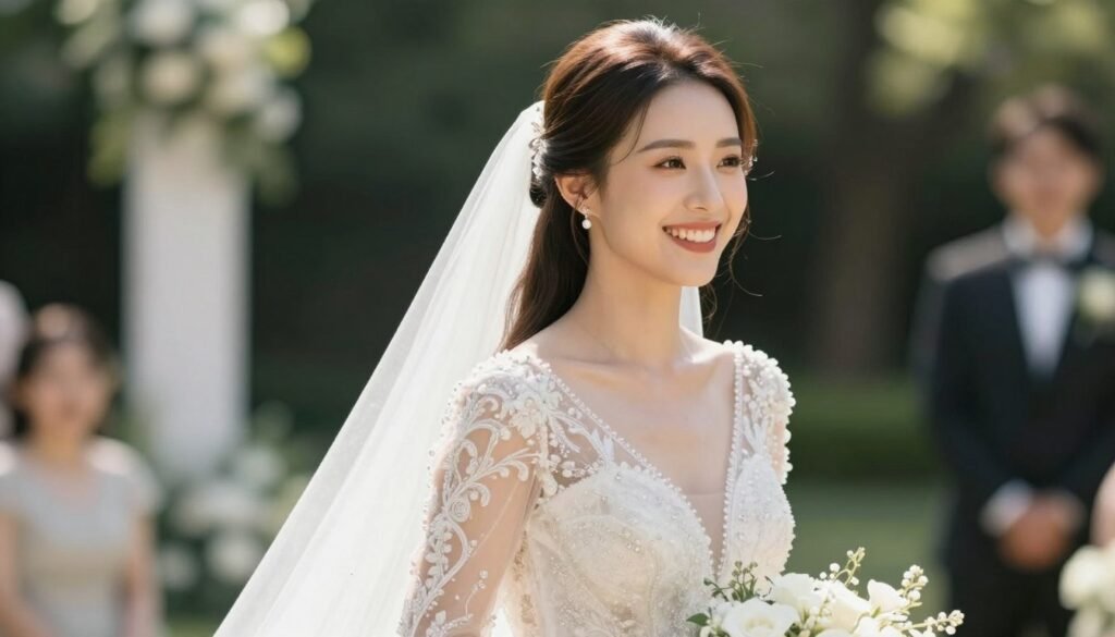 Bride with perfect half up half down wedding hair on her wedding day