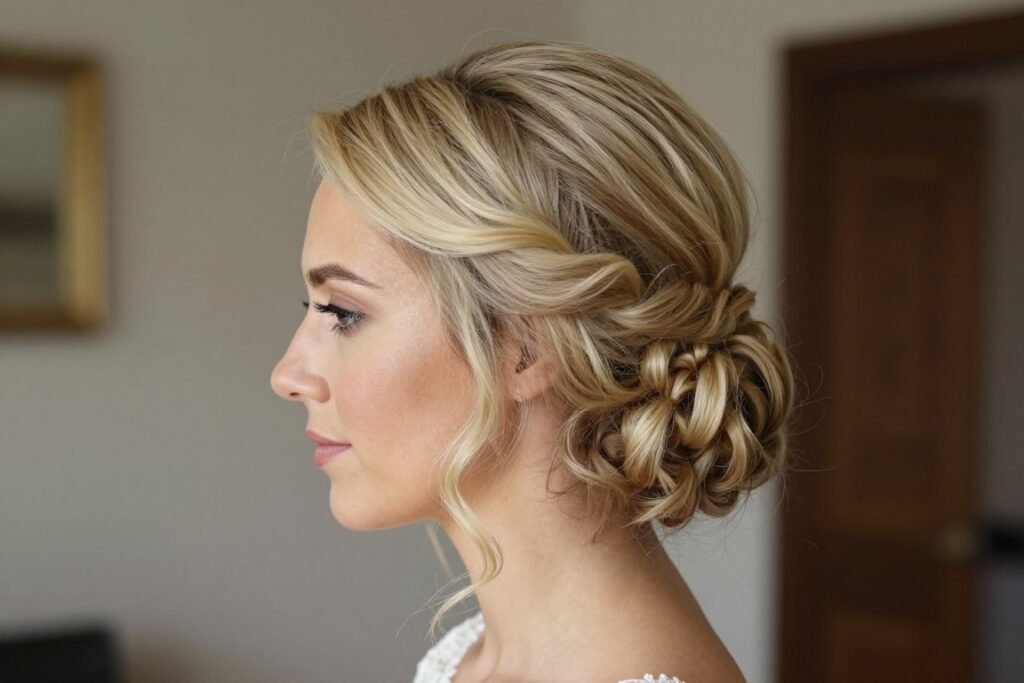 Bride with short bob styled in half up half down wedding hair