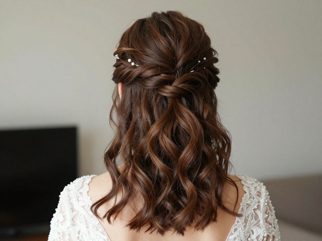 Bride with shoulder-length hair in textured half up half down wedding style