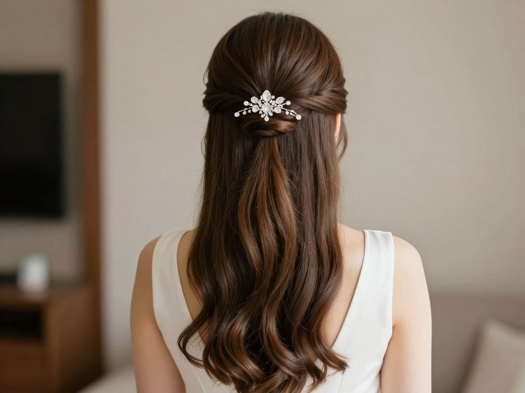 Bride with sleek and straight half up half down wedding hair