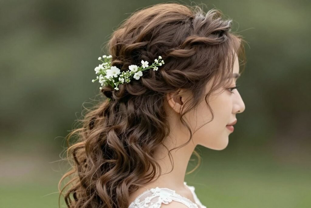 Bride with soft curled half up half down wedding hair with floral accents