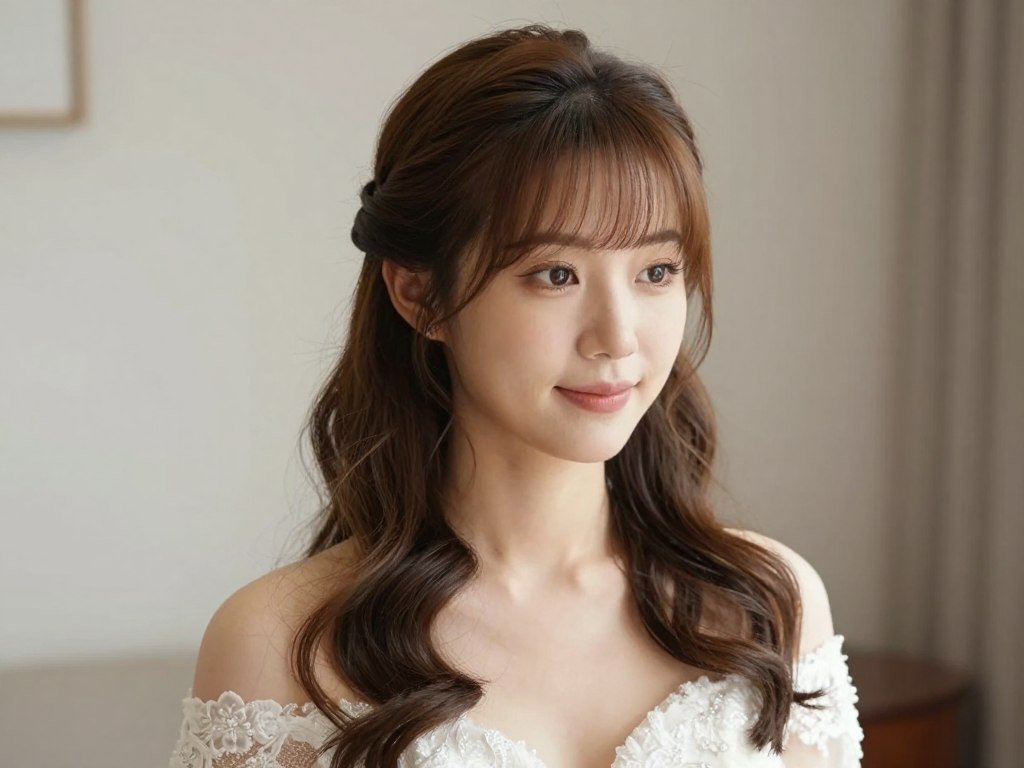 Bride with soft waves half up half down wedding hair with side sweep