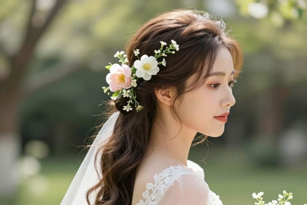 Bride with spring-inspired half up half down wedding hair with floral elements