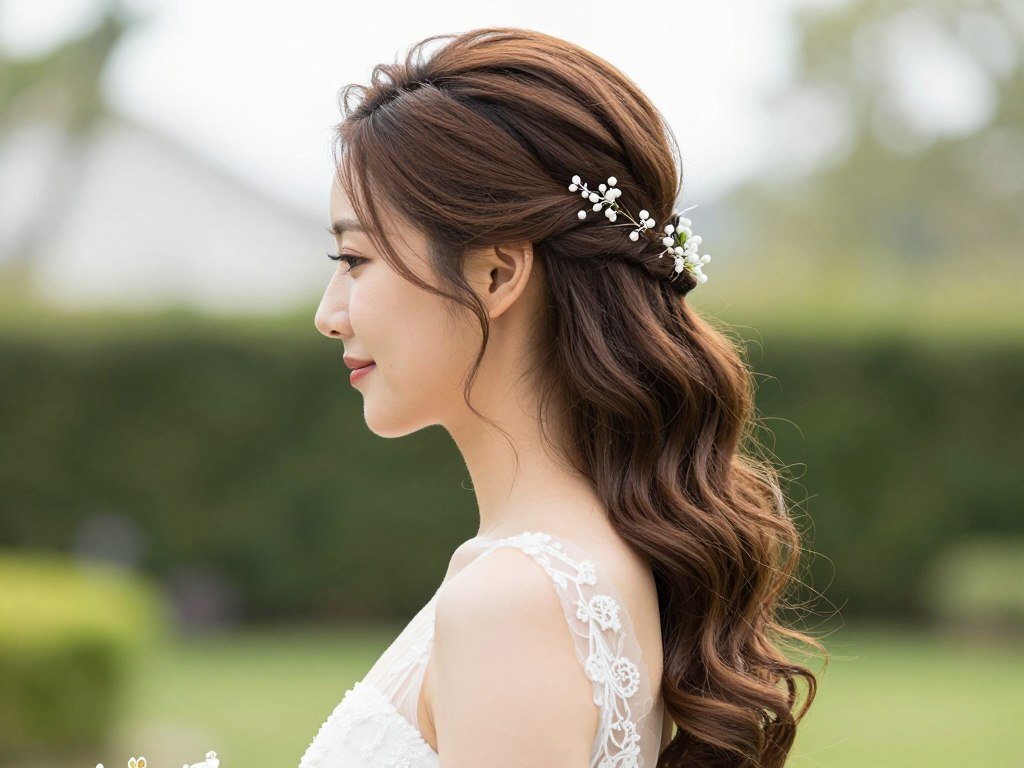 Bride with summer-appropriate half up half down wedding hair