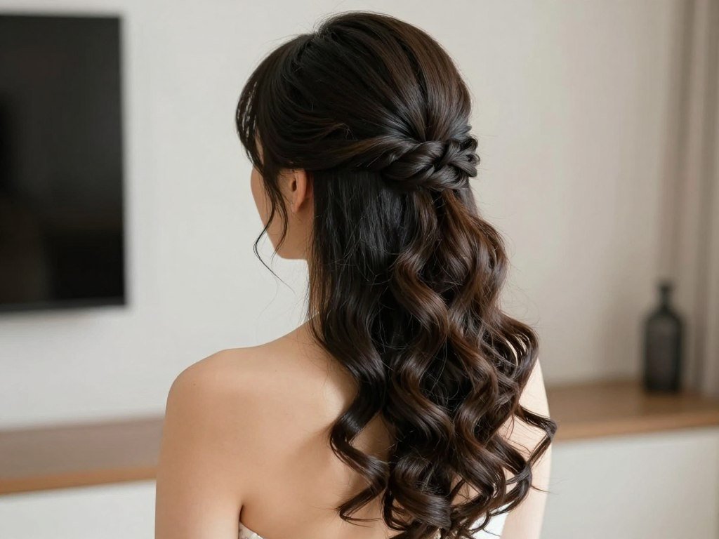 Bride with thick hair styled in structured half up half down wedding hair