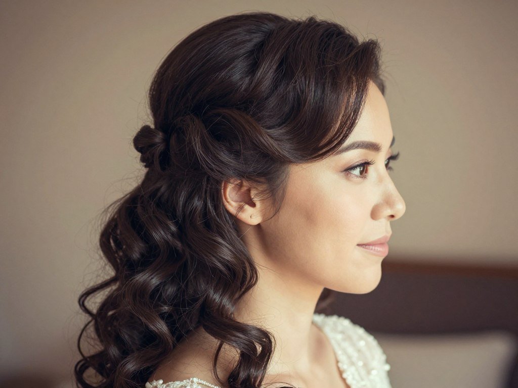 Bride with vintage-inspired half up half down wedding hair with finger waves