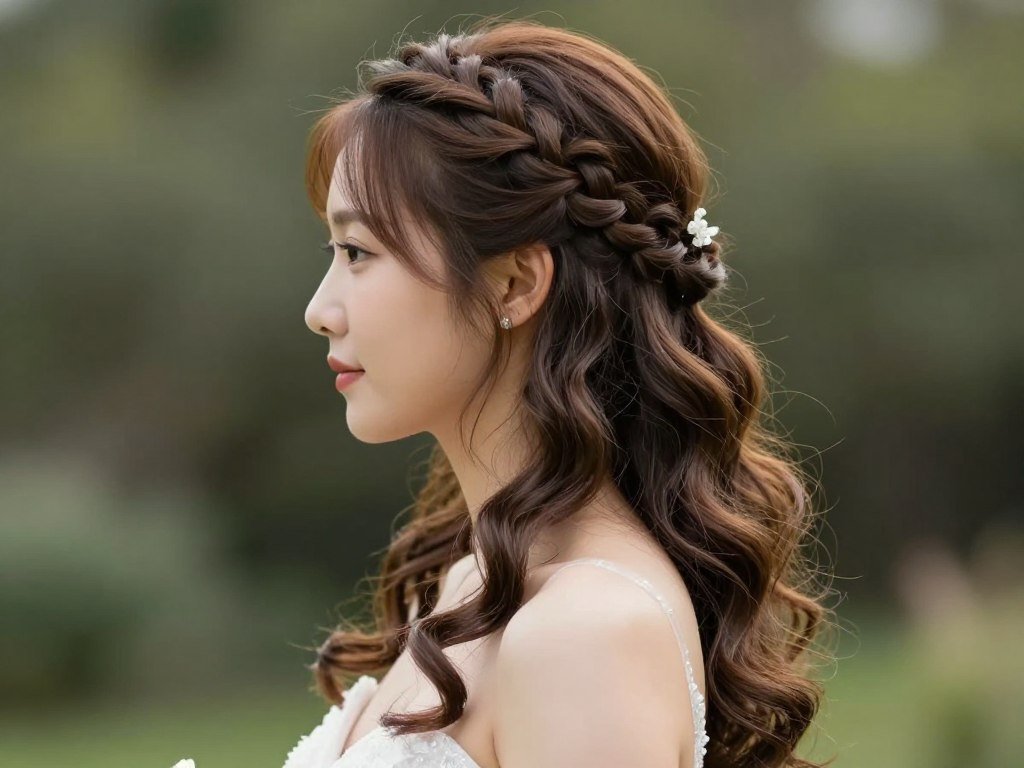 Bride with waterfall braid half up half down wedding hair