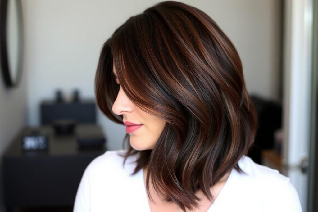 Brown hair with burgundy tips showing the rich wine-colored ends contrasting with natural brunette base